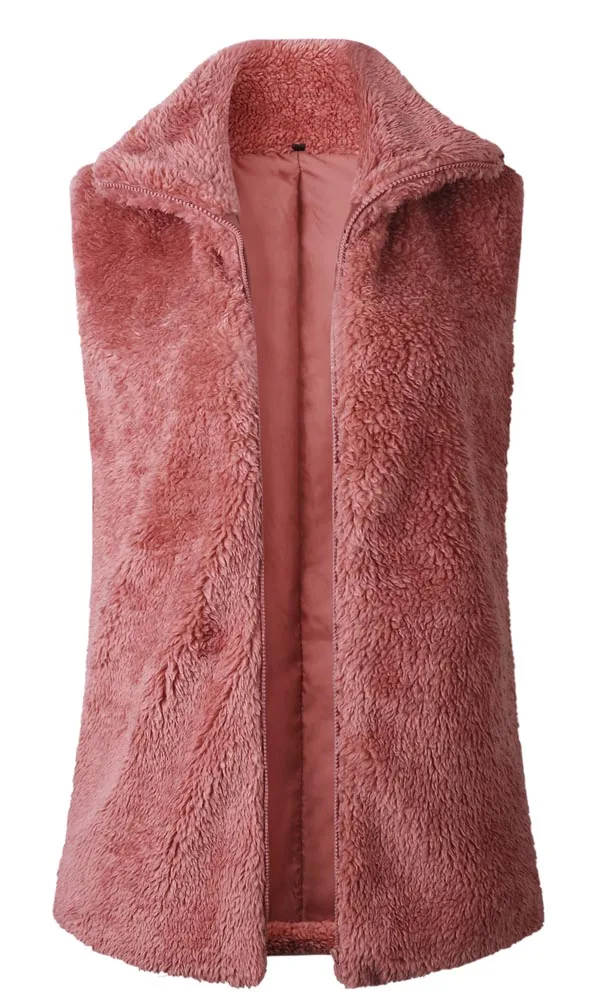 Hitmebox осенне-зимние женские теплые ворсистые жилеты без рукавов Мягкая флисовая искусственная Меховая куртка на молнии с карманом и высоким воротником Свободное пальто - Цвет: Красный