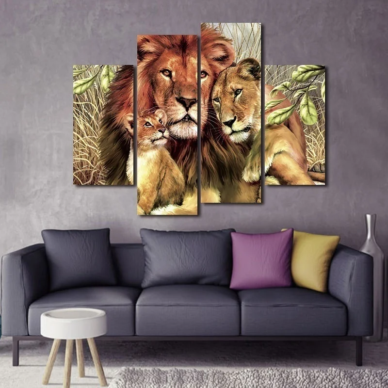 

4 Panels Artwork Print On Canvas Painting Lions Family Animal Painting Wall Art Pictures For Living Room Home Office Decoraion