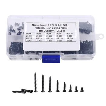 

250PcBlack Round head head screw Phillips Screws Iron nickel plated Nuts Cover Bolts Furniture Exterior Decor Hardware Fasteners