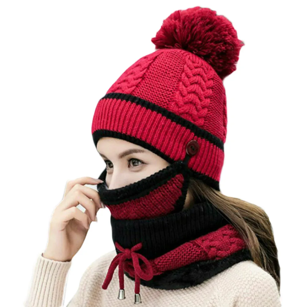 Женская вязаная шапка бини шарф шапка, маска для лица набор снуд шеи Зимний помпон шапка утолщенная EIG88 - Цвет: Красный