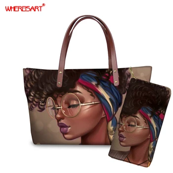 

WHEREISART Purses and Handbags Set for Women Ladies Hand Bags with Wallet, Black Afro Girls Magic Top-handle Bags Large Tote