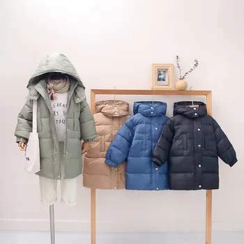 

2020 New Autumn Fashion Kids Girls Down Jacket Children Solid Loose Style Overcoat Big Boys Long Warm Bread Coat For Cold Winter