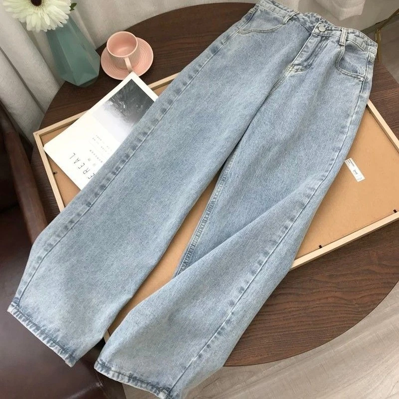 Pantalones vaqueros azul para mujer, pantalón Vintage de pierna ancha, coreano, largo, recto, de cintura informal, suelto con cinturón, otoño de vaqueros| - AliExpress