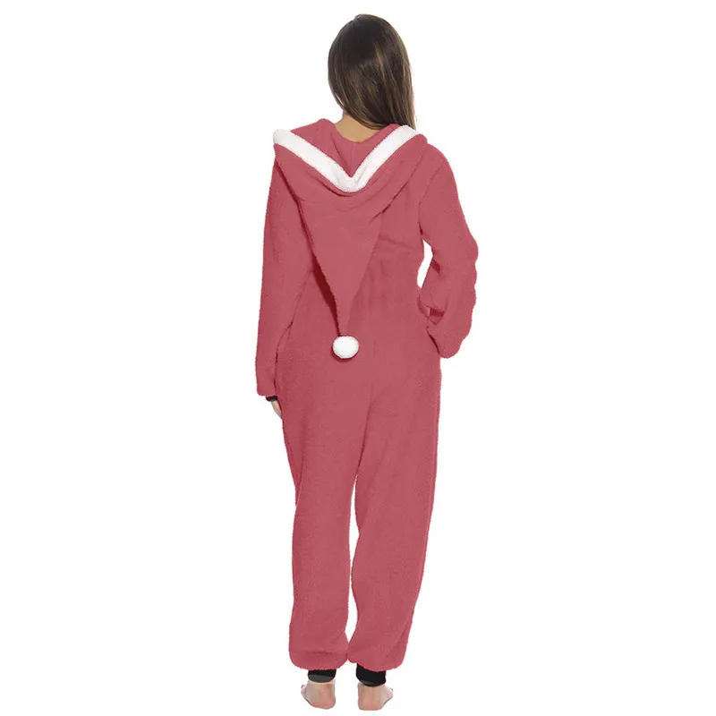 Christmas Day Home Plush Jumpsuit Jester Hat Front Zipper Long Sleeve Casual Loose Hooded Romper Women Overalls O8