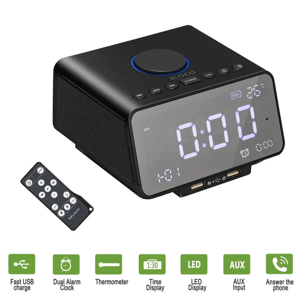 ICOCO цифровой будильник с динамиком с fm-радио USB зарядное устройство светодиодный дисплей температура в помещении/день/Дата дисплей, Nap/таймер сна