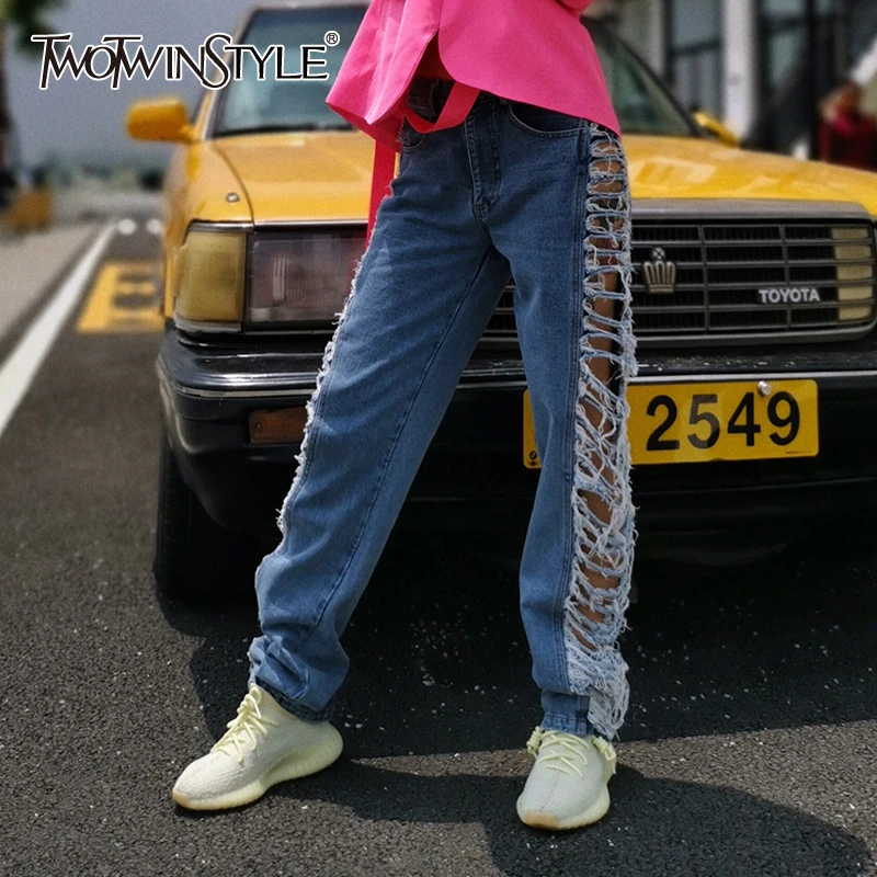 

TWOTWINSTYLE Side Hollow Out Denim Women's Pants High Waist Patchwork Tassel Streetwear Jeans Female 2019 Autumn Fashion New