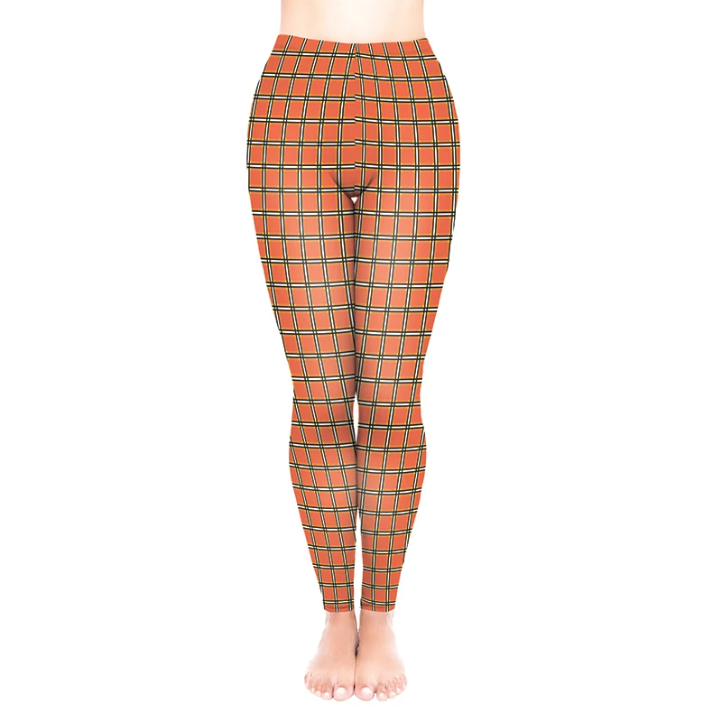 

Hot Sale Women Leggings Orange Grid Pattern Trousers Comfortable High Quality Legings Slim High Waist Fitness Feminina Leggings