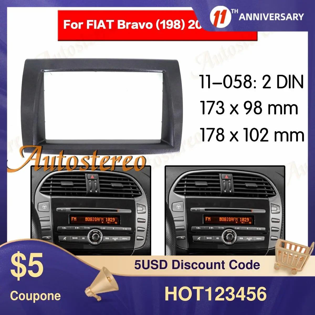 Pannello Del Telaio Car Dash Frame Radio Fascia Per Fiat Bravo 2006 + Stereo Dash Kit Radio Cd Player Installazione