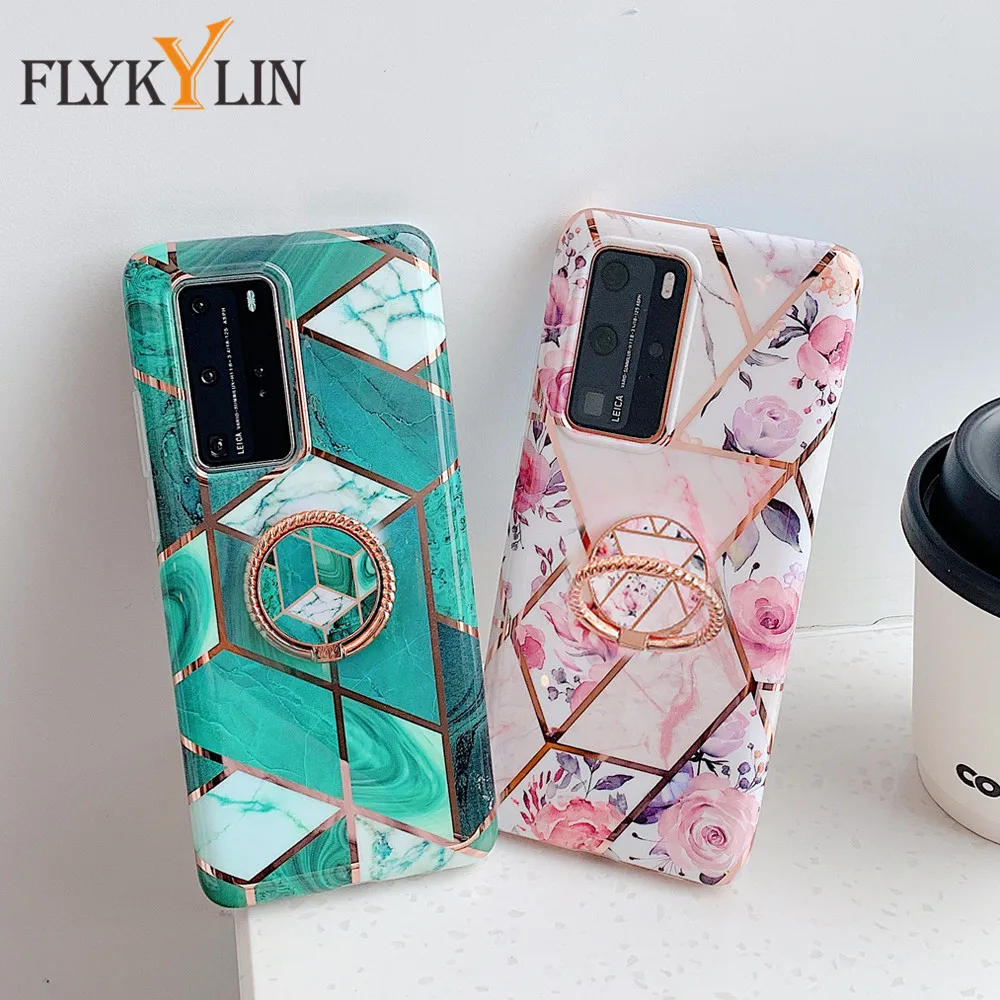 FLYKYLIN чехол для телефона Huawei P40 Lite Pro с кольцом-держателем пальца мраморный Мягкий