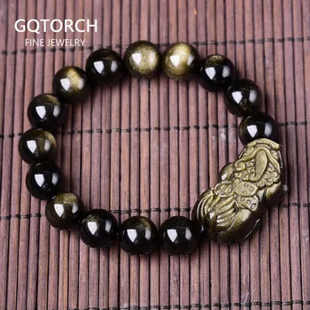 

Natural Obsidian Three Coins Pi Yao Beaded Bracelet For Men And Women Gold Color Lucky Brave Troops Chinese Traditional Bracelet