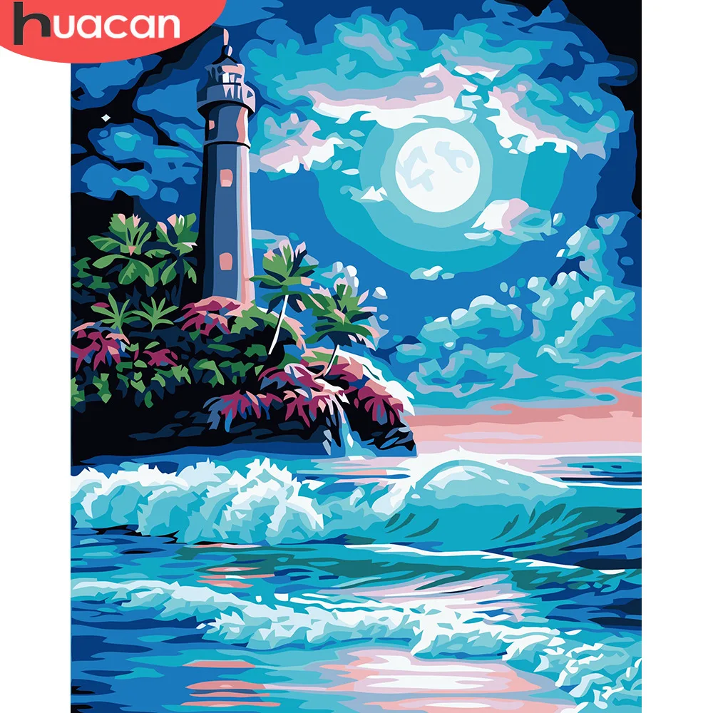 

HUACAN Coloring By Numbers Lighthouse Landscape Art DIY Oil Painting By Numbers Pictures Scenery Canvas Painting Living Room