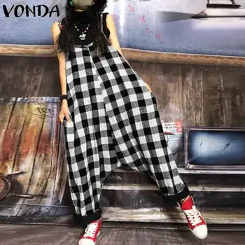 

Rompers Womens Jumpsuit Plus Size Vintage Harem Pants Plaid Print Long Playsuits Female Casual Loose Sexy Sleeveless Overalls