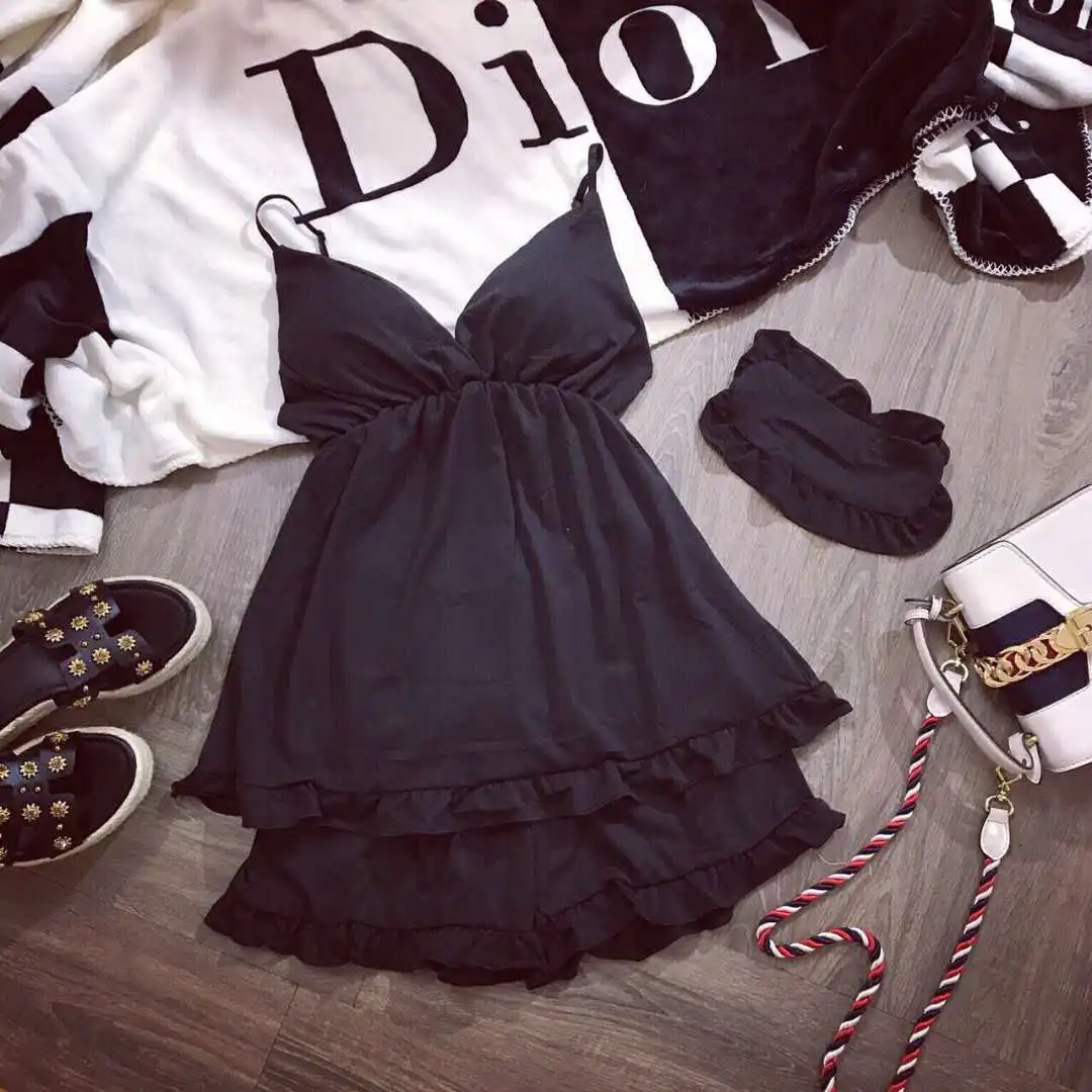 

226 # Pajamas Female Summer Korean-style Camisole with Chest Pad-Black, Short Sleeve Two-Piece Set Home Wear
