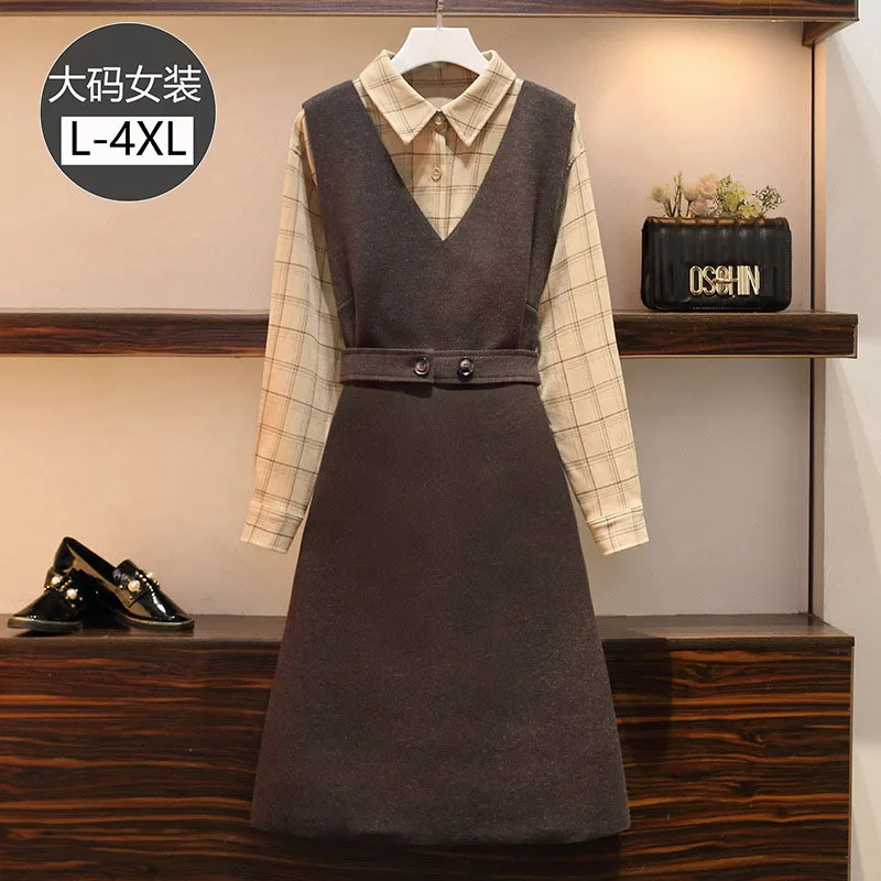 

2020 Spring Clothing New Style Large Size Dress Fashion Plaid Shirt V-neck Woolen Mid-length Vest Suit Dress