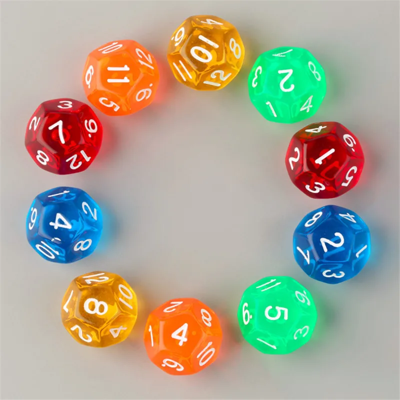 

10pcs/set Clear 5 colors D12 Acrylic Dice with number 1-12 Gaming Color Dices For Board Games Count Tools