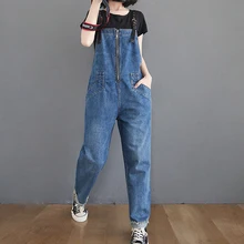 Vintage High Waist Denim Overalls Women Spring Streetwear Straps Jeans Jumpsuit Femme Loose Blue Rompers Zipper Suspender Pants