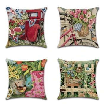 

Spring Red Car Flower Pillow Case Linen Decorative Pillowcases Green Leaves Throw Pillow Cover Square 45*45cm Poszewki