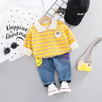 

2019 Autumn Winter Baby boys Clothes Sets stripe Plus velvet Long Sleeve Tops + Pants 2PCS Outfit Sets 0-3y kids clothes boys