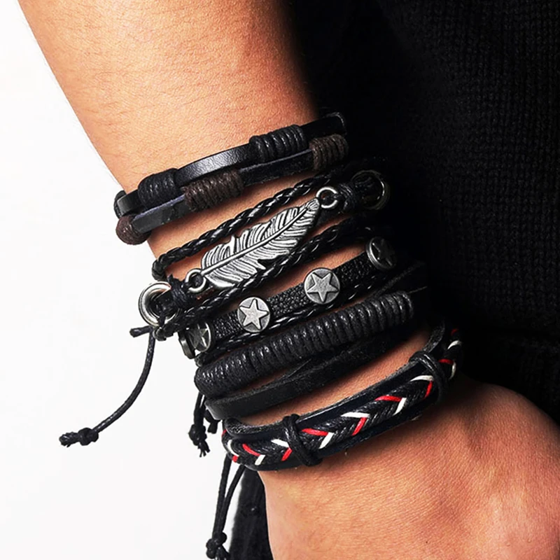 IFMIA-pulsera de cuero Vintage para hombre, brazalete de piel multicapa tejida a mano, con plumas y hojas