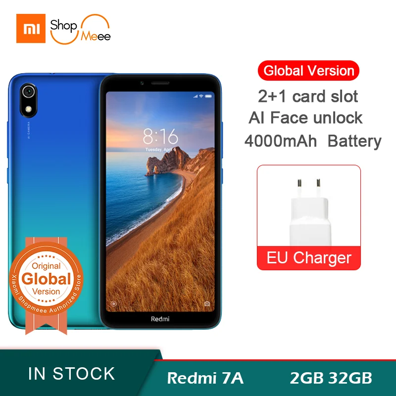 Xiaomi Redmi 7A, глобальная версия, 2 Гб ОЗУ, 16 Гб ПЗУ, 32 ГБ, 5,45 дюйма, HD, полноэкранный Snapdargon 439, Восьмиядерный мобильный телефон, 4000 мАч