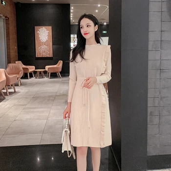 

Fashion Slim Long Drawstring Ruffle Knitted Sweater Women Jumpers Long Sleeve Pullovers 2020 Autumn Winter Solid Sweater