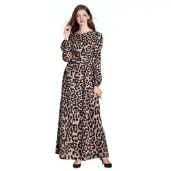 Эластичная талия леопардовая расцветка мусульманское женское платье с длинным рукавом Макси абайя мусульманская одежда халат кафтан
