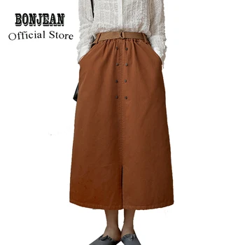 

Women 100% Cotton Skirt with Belt Midi Long Split Buttons Office Lady Formal Retro Fashion Casual for Spring Summer AZ17521439