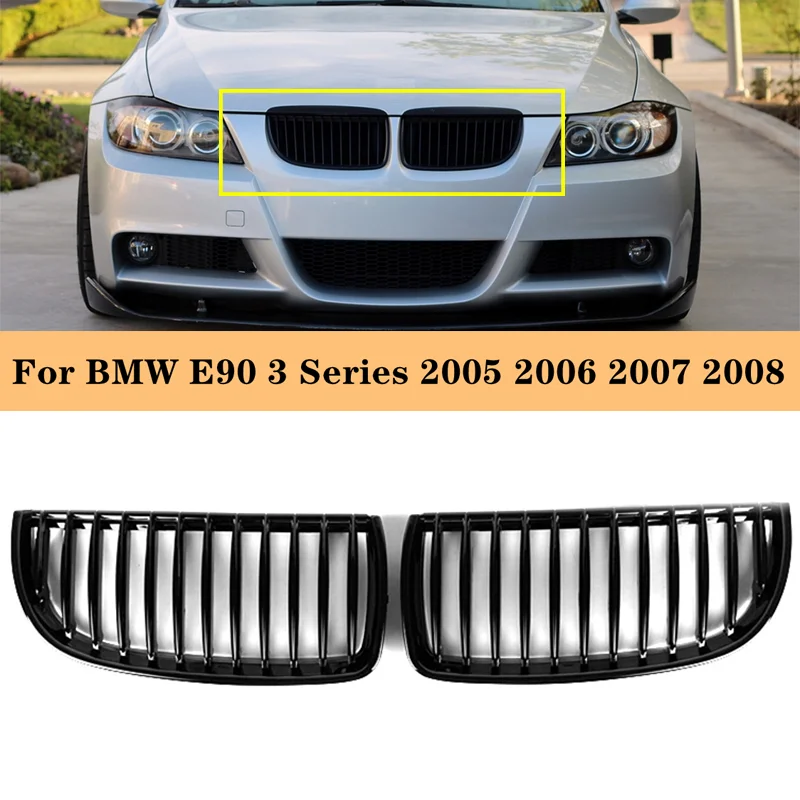 PAIR Front Grille Bumper Grill For BMW E90 3 Serie 2005-2008 06 07 Glossy Black 