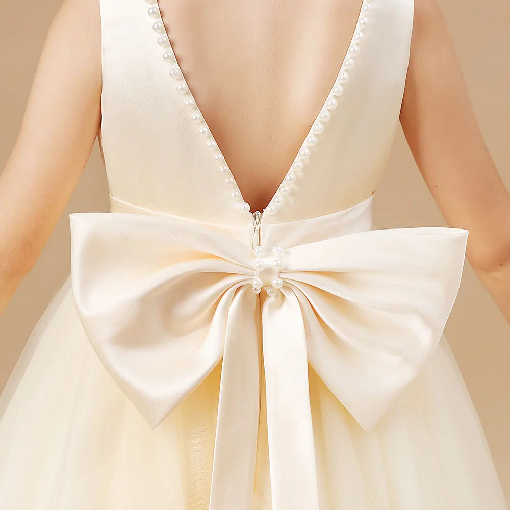 Kids Princess Dress Wedding Flower Girl Dress Children Prom Ball Gown Party Long Dress Sleeveless Bow Birthday Party Dress