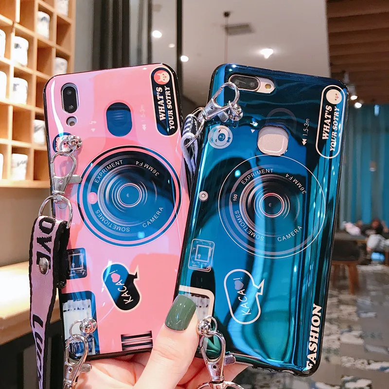 

Phone Case for iPhone 5 5S 5E 6 6S 7 8 Plus X XR XS MAX Case Blue Pink Vintage Camera Silicone Cover Shell with Strap or Holder