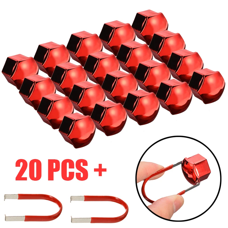 20pcs/set Red Universal 17mm Wheel Nut Bolt Cover Cap with 2 Removal Tool Set Exterior Decoration Protecting Bolt Rims