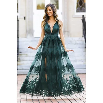 

Long Sexy Evening Dresses Deep V-Neck Mesh Embroidered Evening Gowns Formal Dress Elegant Backless Abendkleider Vestido De Noche