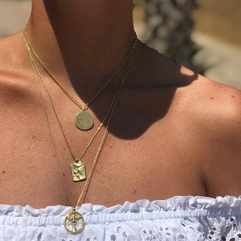 

Fashion Vintage Multi Layer Face Pendants Summer Girl Adult Woman Clavicular Chain Short Necklace Jewelry Holiday-YS