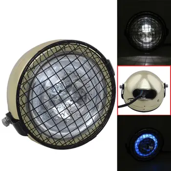 

Motorcycle 12V Blue Halo Angel Eye LED Projector Front Headlight+Metal Retro Square Style Grill Mask For Chopper Custom