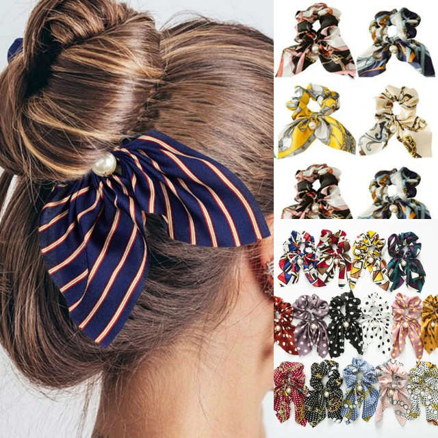 New Black Satin Ribbon Bowknot Pearl Elastic Hair Bands Women Girls  Ponytail Scrunchies Hair Bun Holder Solid Hair Tie Rope Band - AliExpress
