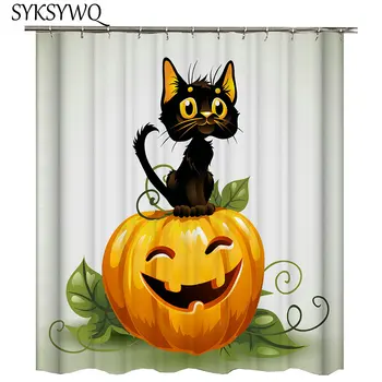 

black cat bath curtain yellow gold pumpkin lantern Halloween shower curtain funny cute cat bathroom curtain waterproof polyester