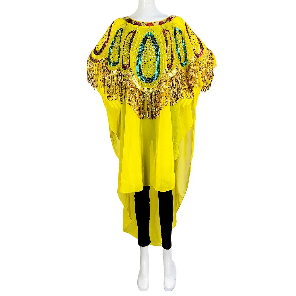 Women's Fashion Classic Design African Clothes Dashiki Abaya Chiffon Sequin Tassel Batwing Loose Versatile Dresses Free Size african culture clothing