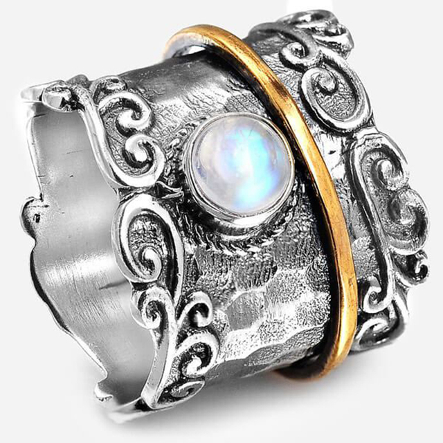 Vintage Big Width Moonstone Rings for Women Retro Two-color Handmade Carved Leaf Pattern Ring Statement Female Jewelry