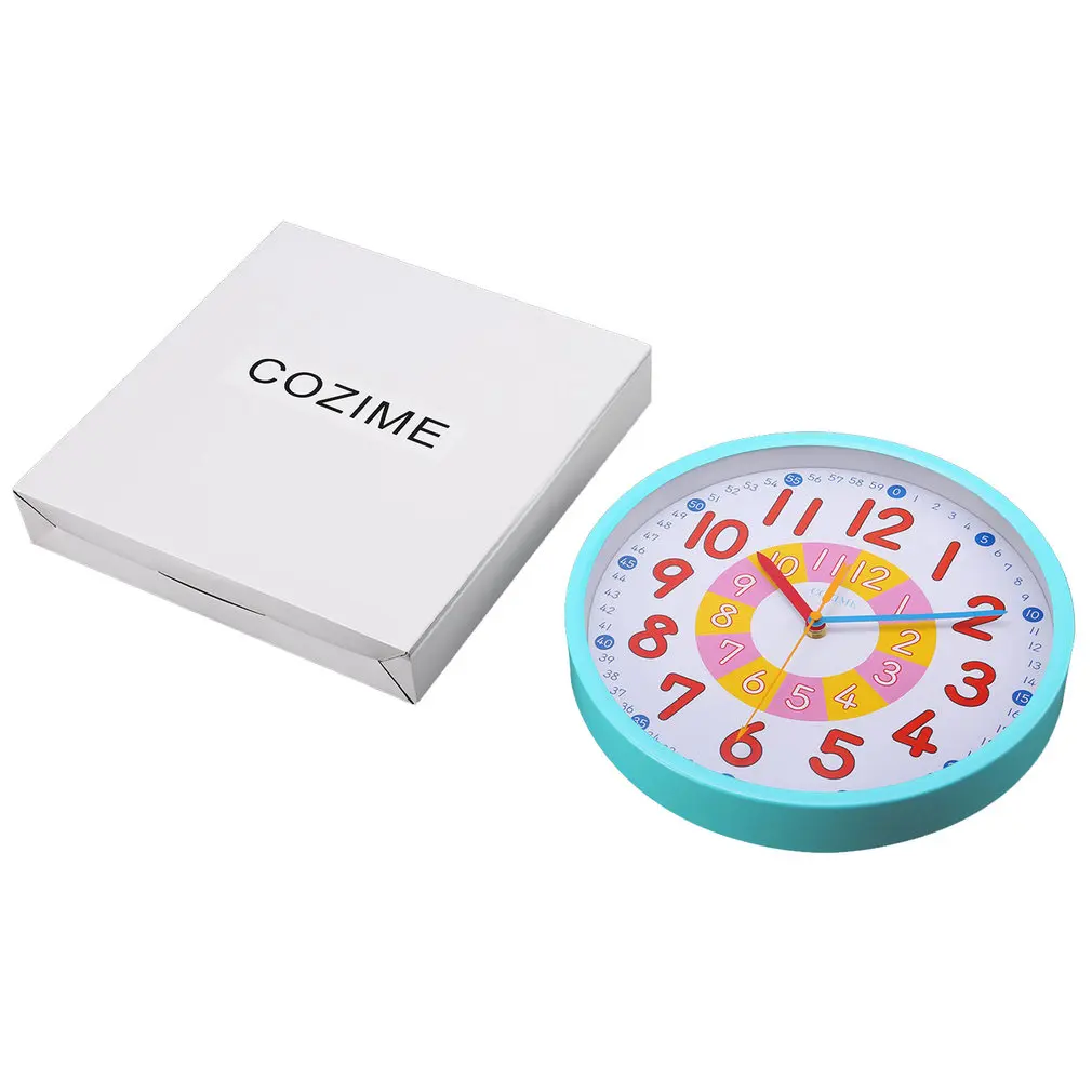 cheap 12 Inch Blue Metal Frame Decorative Round Colorful Lovely Wall Clock Silent Movement for Children to Learn for Teaching