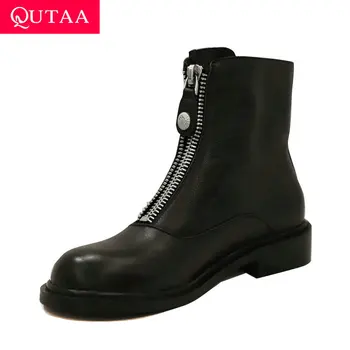 

QUTAA 2021 Ankle Boots Autumn Winter Cow Leather Front Zipper Women Shoes Casual Round Toe Square Heel Short Boots Size 34-39