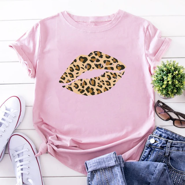 Summer Fashion Shirt Lips Leopard Graphic T Shirt Women Harajuku Tops  O-neck 4 colors Tee Kiss Lip Funny Girls  T-shirt Lips 3 Pink