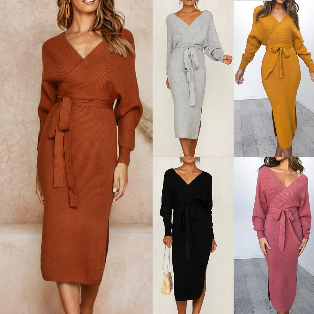 Весенне-осеннее платье миди для женщин Vestidos ropa mujer длинные вязанные свитера женские платья длинный рукав v-образный Вырез Пояс трикотаж