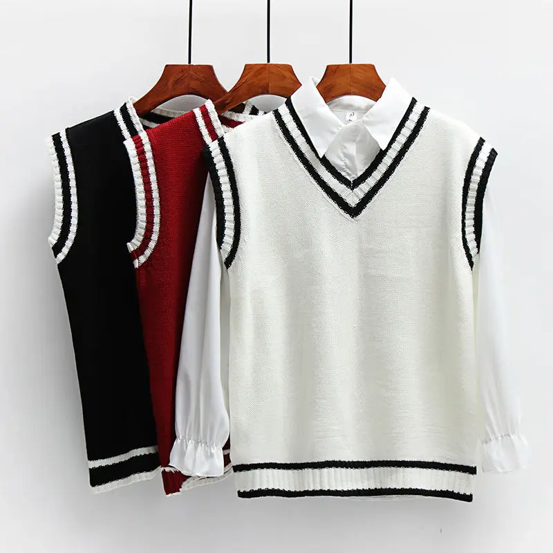 2020 spring and autumn new college style sweater vest female Korean loose striped student V-neck women's shirt | Женская одежда