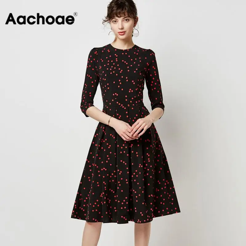Aachoae Elegant A-line Pleated Dress Women Vintage Dot Print Office Midi Dresses Casual O Neck Three Quarter Sleeve Tunic Robe Aachoae Elegant A-line Pleated Dress Women Vintage Dot Print Office Midi Dresses Casual O Neck Three Quarter Sleeve Tunic Robe