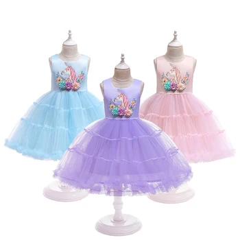 

3 Color Cute Cartoon Unicorn Girls Princess Dress Summer Mesh Casual Unicorn Cake Girls Dress Festival Fantasy Baby Girl Dresses