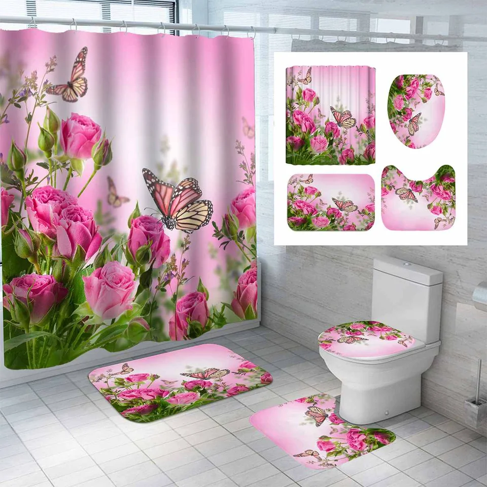 Butterfly Bathroom Rug Set Shower Curtain Bath Mat Non-Slip Toilet Lid Cover