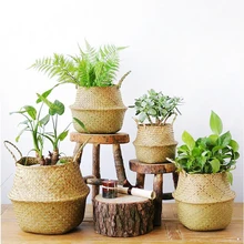 Haushalt Lagerung Faltbare Natürliche Seegras Woven Lagerung Korb Topf Garten Blume Vase Hängen Weidenkorb Bellied Körbe(China)