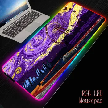 

XGZ Game Mouse Pad Oil Painting Seaside Scenery Led RGB Mouse Pad USB Backlight Rainbow Antiskid Computer Notebook Desk Mat XXL