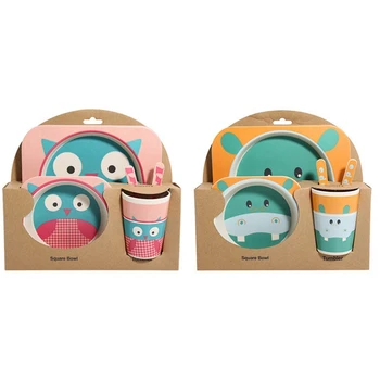 

2 Set Cartoon Animal Plate+Bow+Fork+Cup Baby Dinnerware Feeding Set Hippo-Pink + Blue & Cyan + Orange