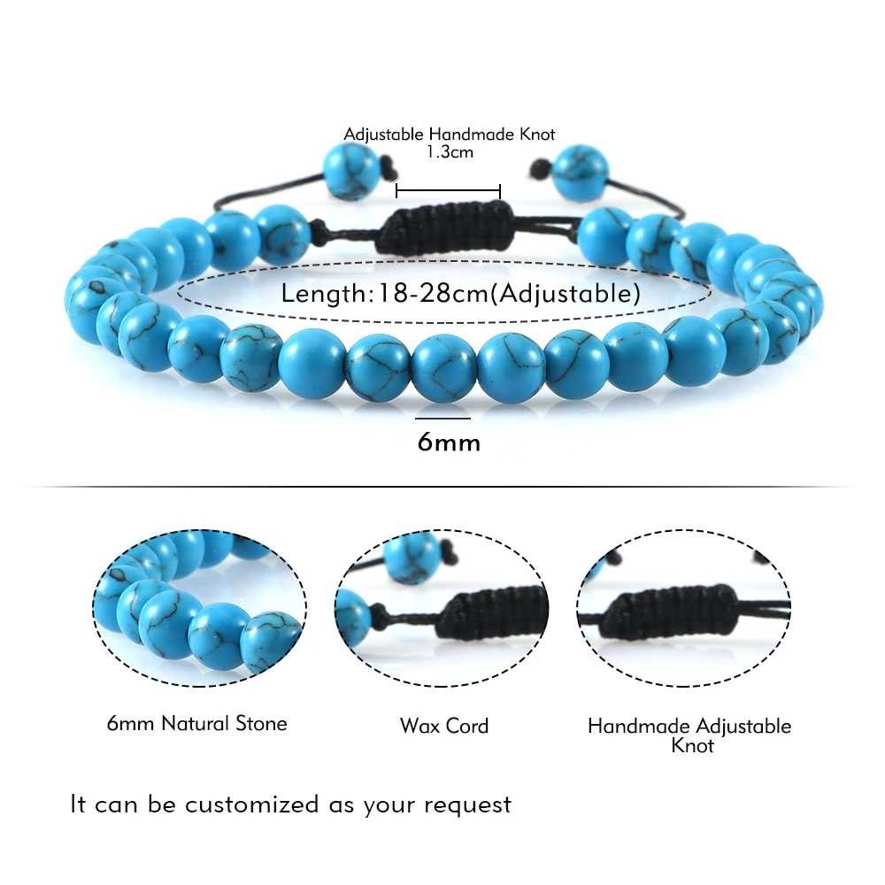 Natural Stone Bracelet 6mm Men Women Charm Tiger Eye Black Beads Braided Bangle Adjustable Yoga Jewelry